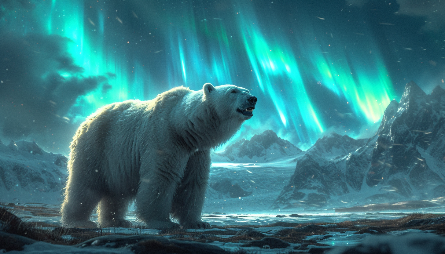 Visualize an Arctic landscape with snow-covered mountains, polar bears, and the mesmerizing dance of the Northern Lights in the night sky.