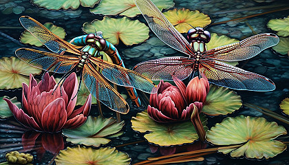 A pair of colorful dragonflies resting on a lily pad.