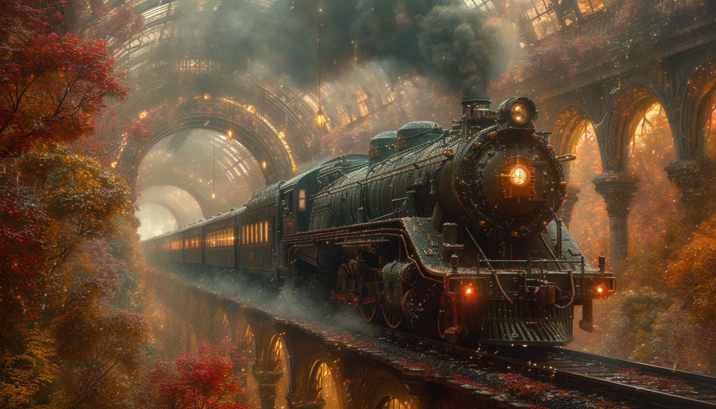 Roam through a Victorian-era steam locomotive station, with billowing steam, grand arches, and travelers from a bygone era.