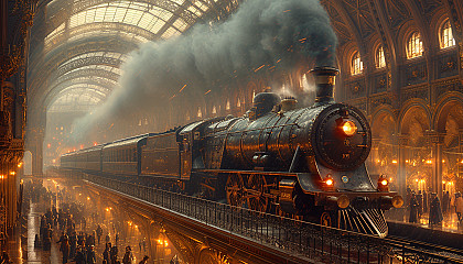 Roam through a Victorian-era steam locomotive station, with billowing steam, grand arches, and travelers from a bygone era.