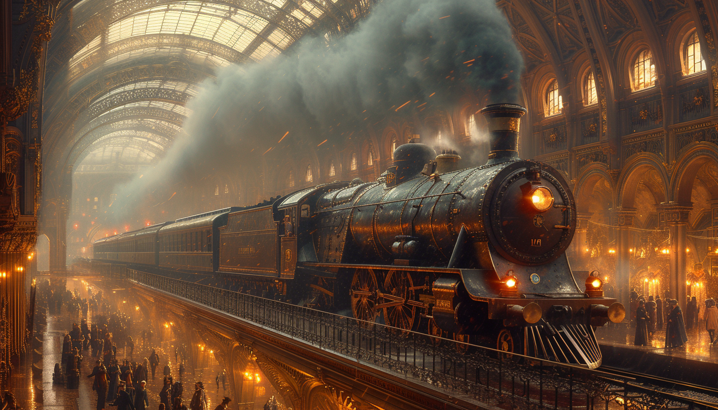 Roam through a Victorian-era steam locomotive station, with billowing steam, grand arches, and travelers from a bygone era.