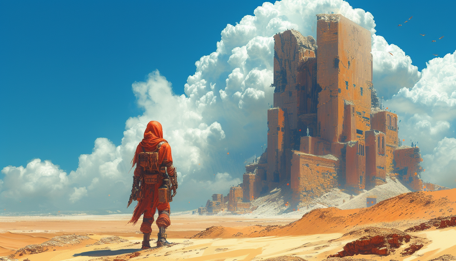 Survive a post-apocalyptic desert landscape, with sand dunes, abandoned ruins, and a lone wanderer searching for signs of life.