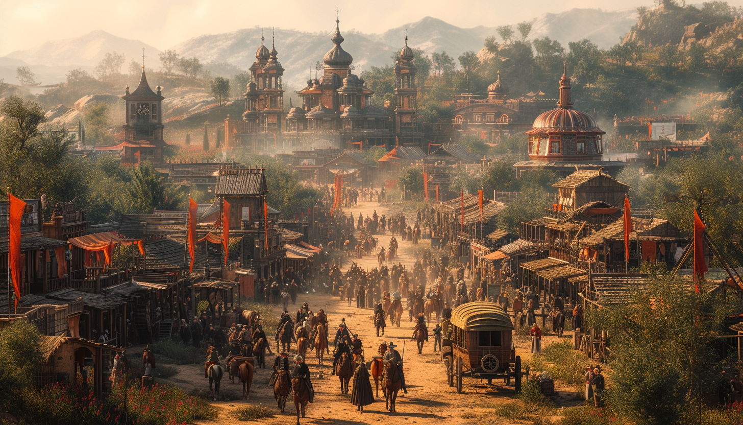 Old Western town in the late 1800s, with saloons, horse-drawn wagons, dusty streets, and characters in period attire.