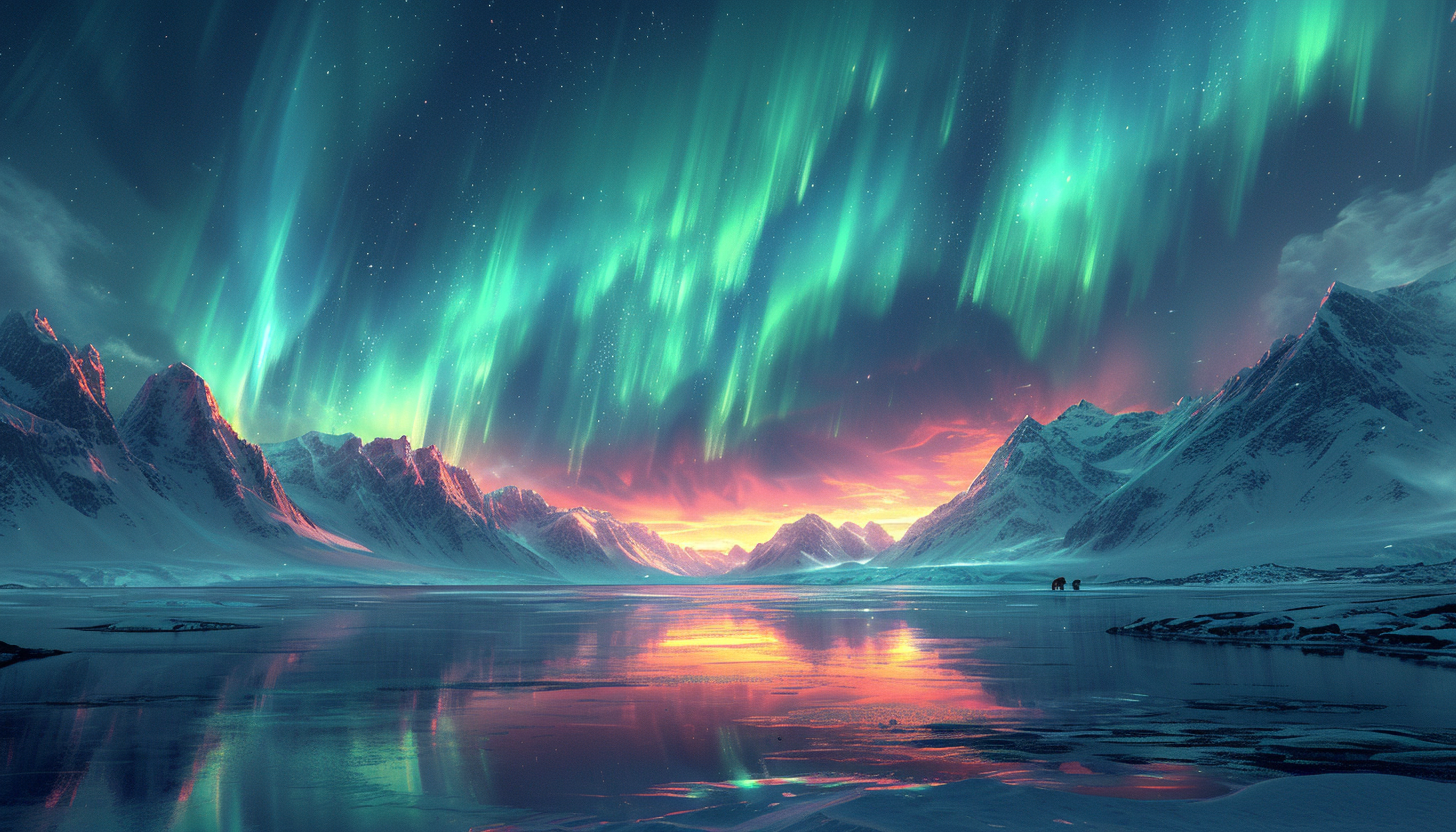 Visualize an Arctic landscape with snow-covered mountains, polar bears, and the mesmerizing dance of the Northern Lights in the night sky.