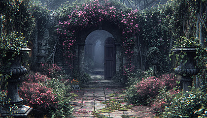 Discover a secret garden hidden within an overgrown maze, filled with hidden treasures, enchanting statues, and a sense of mystery.
