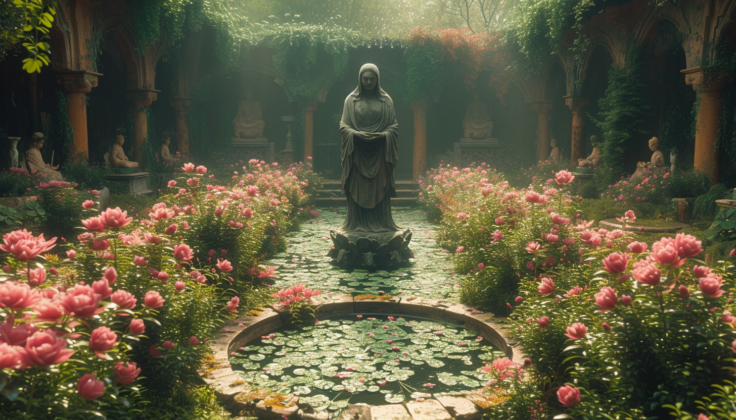 Discover a secret garden hidden within an overgrown maze, filled with hidden treasures, enchanting statues, and a sense of mystery.