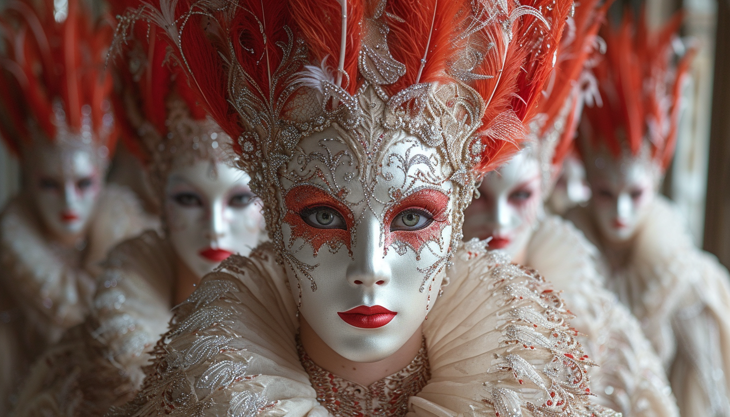 Attend a glamorous masquerade ball in a Venetian palace, with elaborate masks, flowing gowns, and an air of romantic intrigue.