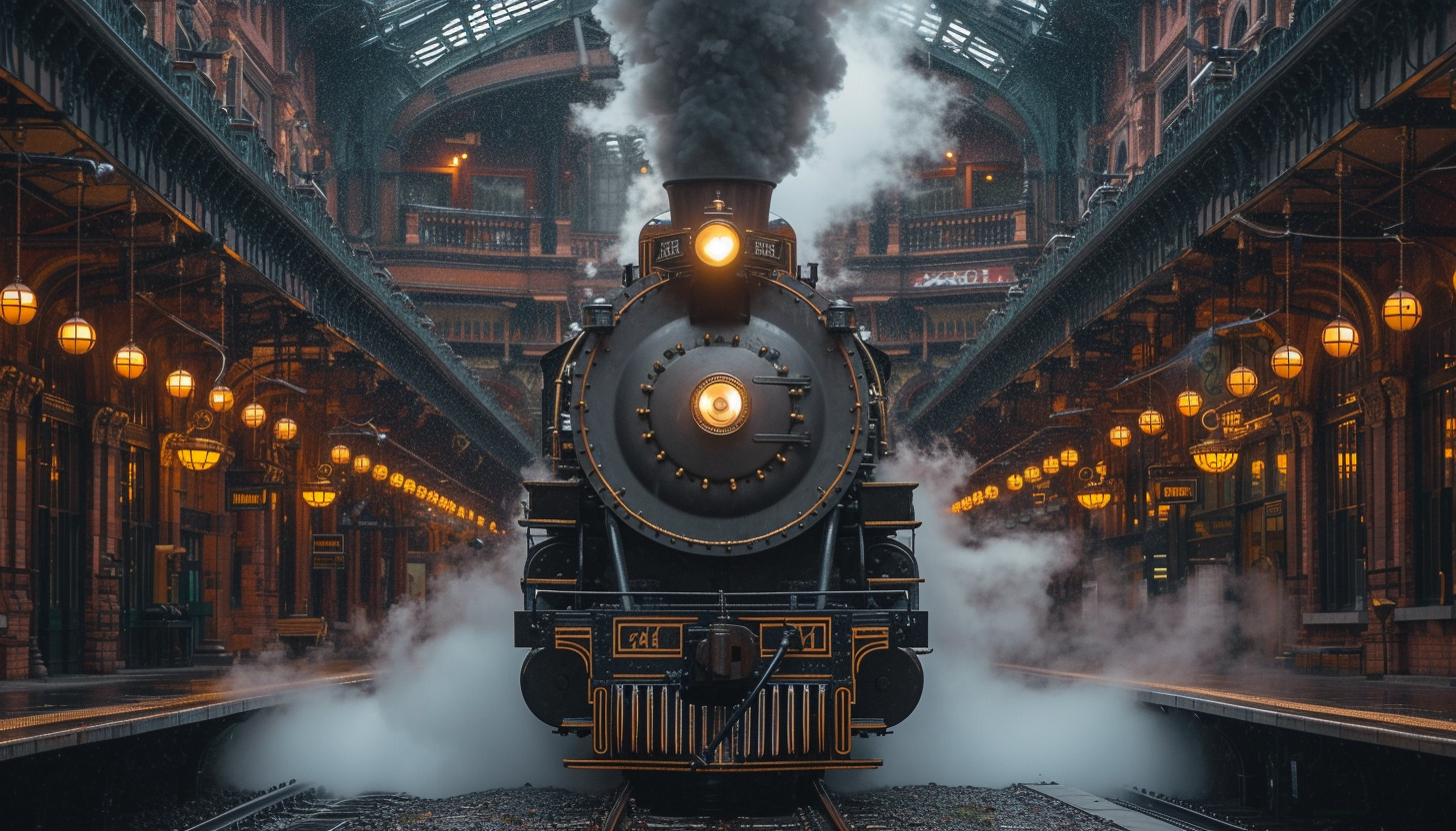 Roam through a Victorian-era steam locomotive station, with billowing steam, grand arches, and travelers from a bygone era.