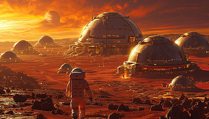 Futuristic Martian colony with domed habitats, rovers on the red terrain, astronauts conducting research, and Earth visible in the sky.