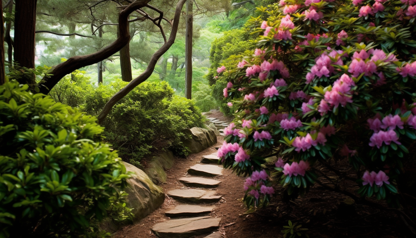 A winding path through dense, vibrant rhododendron bushes.