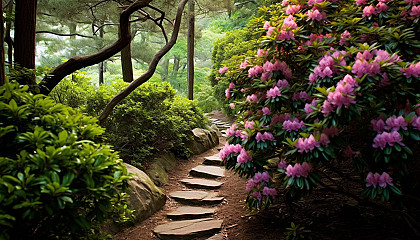 A winding path through dense, vibrant rhododendron bushes.