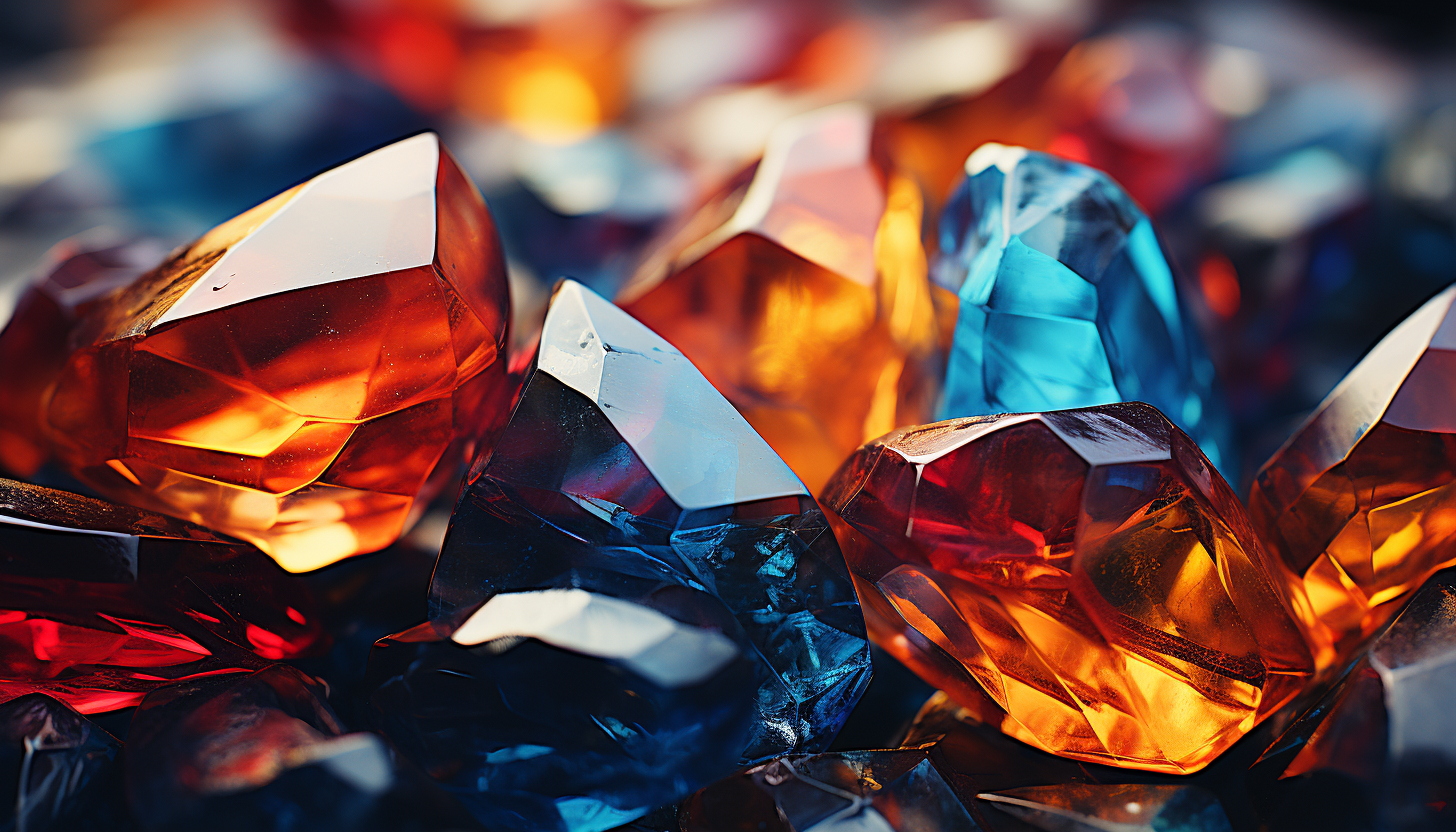 Close-up of a crystal, showcasing its radiant colors and geometric shapes.
