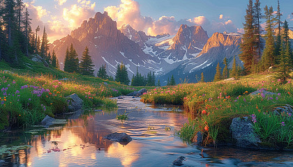Explore a tranquil alpine meadow at sunrise, with wildflowers, towering peaks, and a clear mountain stream reflecting the early morning light.