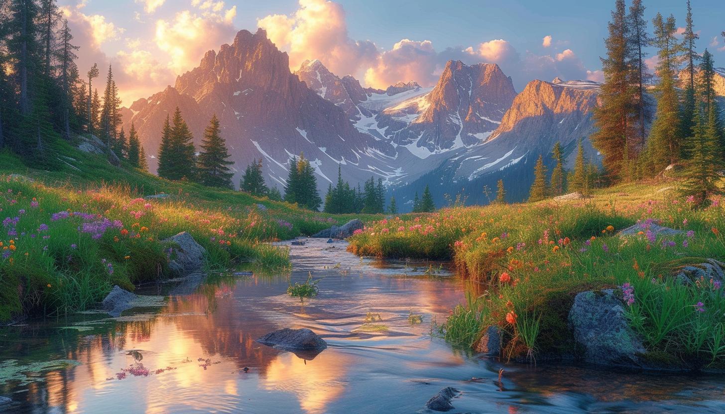 Explore a tranquil alpine meadow at sunrise, with wildflowers, towering peaks, and a clear mountain stream reflecting the early morning light.