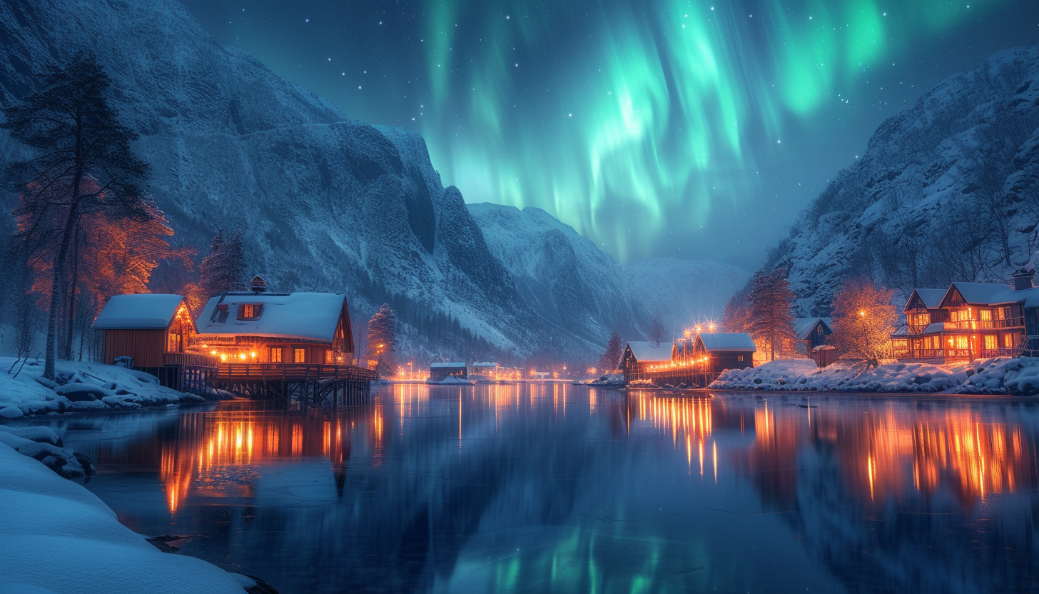 Traditional Nordic village during the Northern Lights, with cozy wooden cabins, a frozen lake, and reindeer grazing nearby.