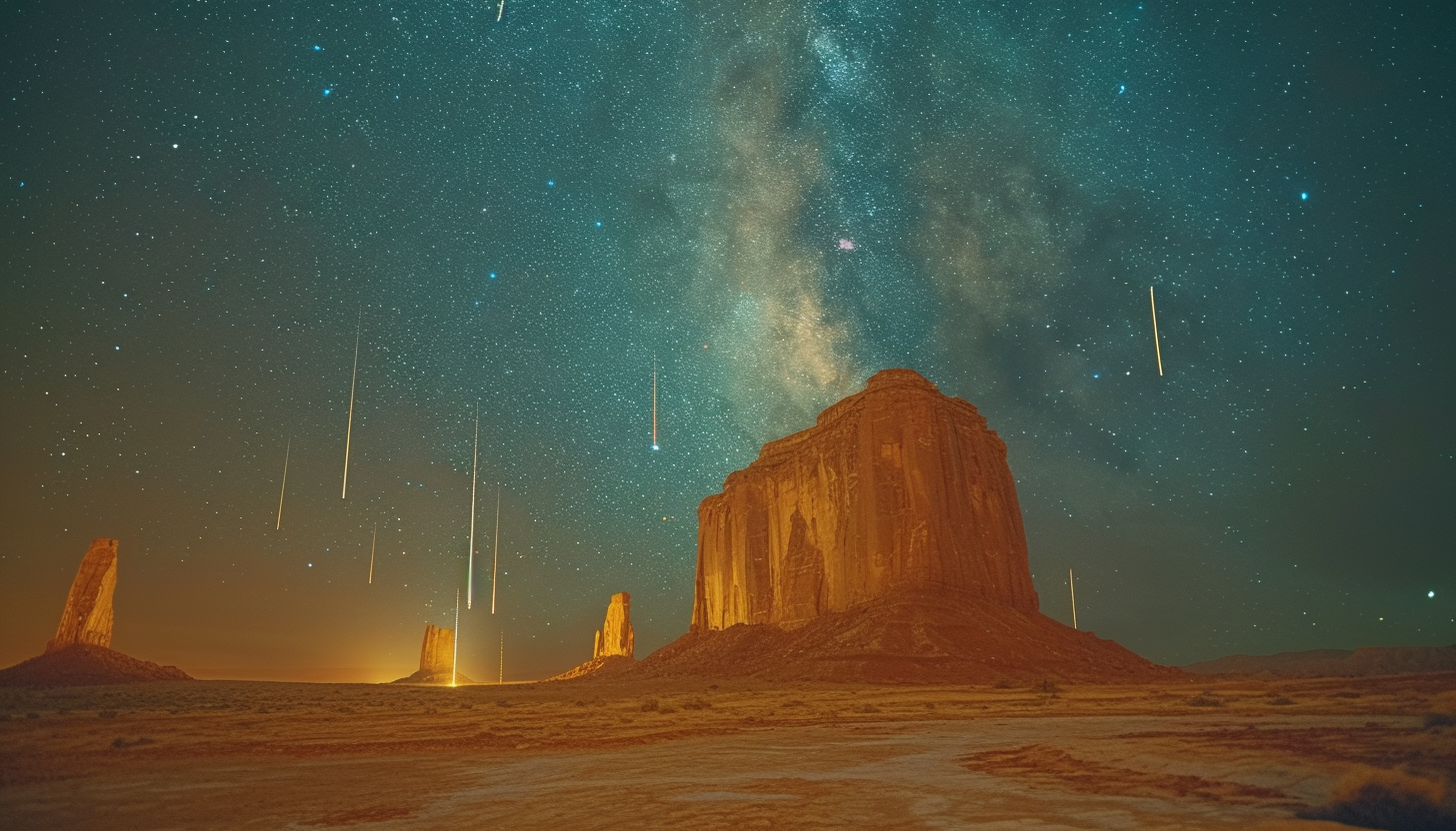 Witness a breathtaking meteor shower in a desert landscape, with shooting stars streaking across the vast, open night sky.