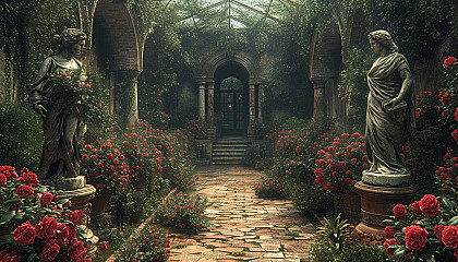 Discover a secret garden hidden within an overgrown maze, filled with hidden treasures, enchanting statues, and a sense of mystery.