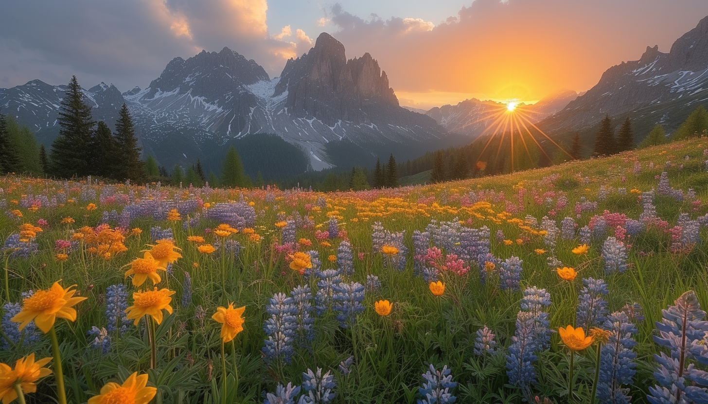 A pristine alpine meadow at sunrise, surrounded by snow-capped peaks, where wildflowers bloom in a sea of color.