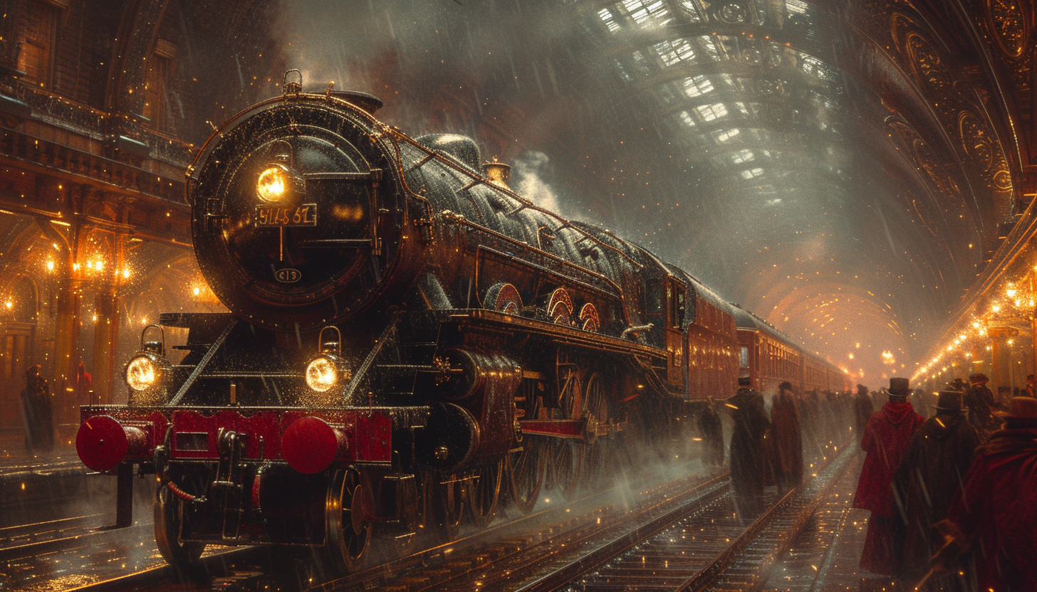 Roam through a Victorian-era steam locomotive station, with billowing steam, grand arches, and travelers from a bygone era.