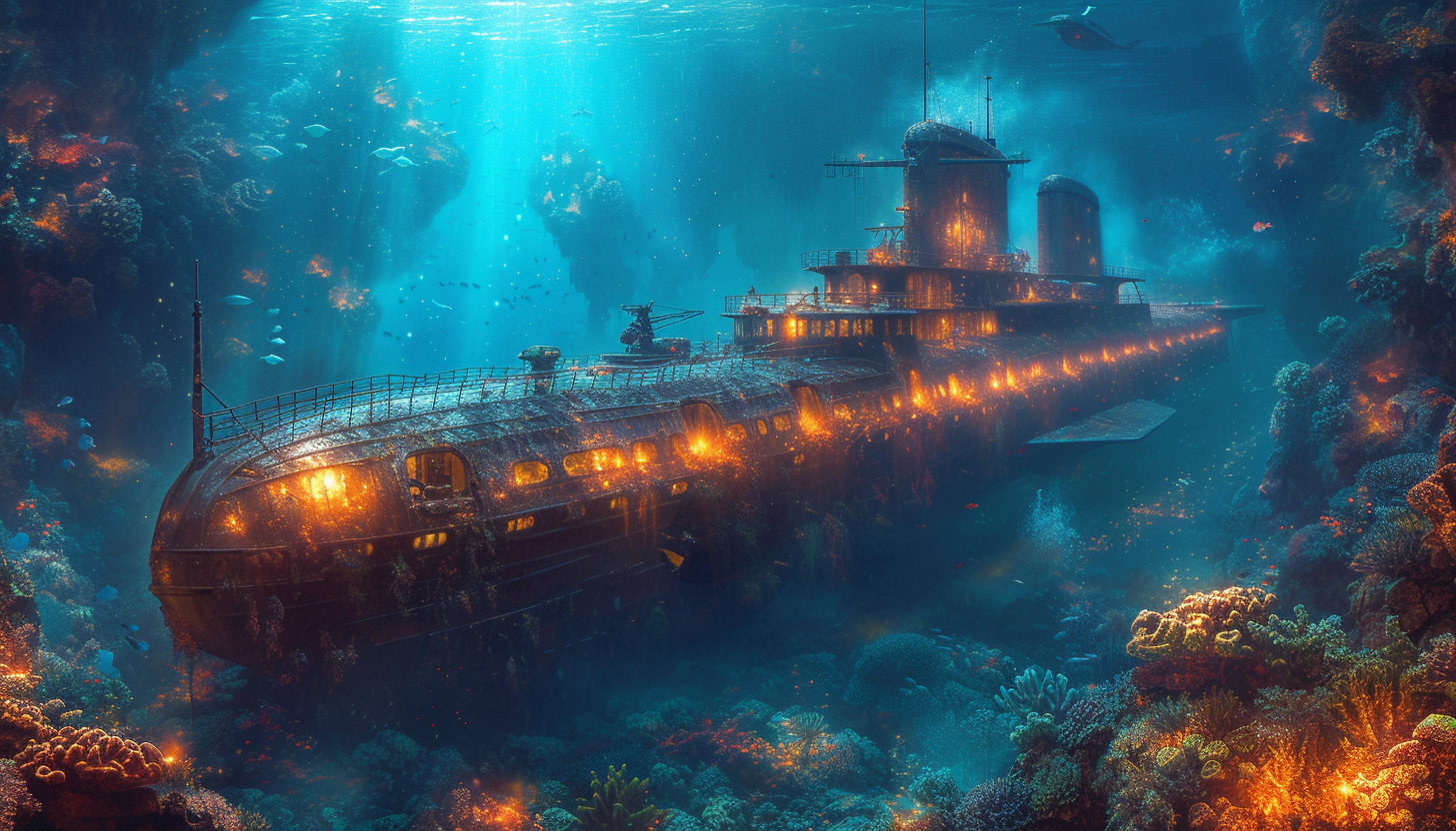 Deep sea adventure scene with a submarine exploring a coral-covered shipwreck, surrounded by diverse marine life and bioluminescent creatures.