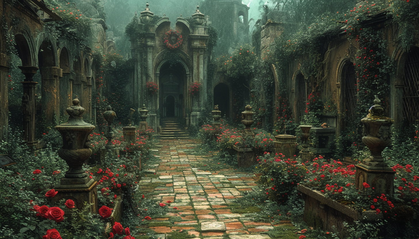 Discover a secret garden hidden within an overgrown maze, filled with hidden treasures, enchanting statues, and a sense of mystery.