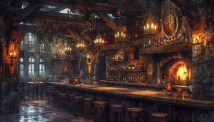 A medieval fantasy tavern with wooden beams, roaring hearths, and adventurers sharing tales of their quests over tankards of ale.