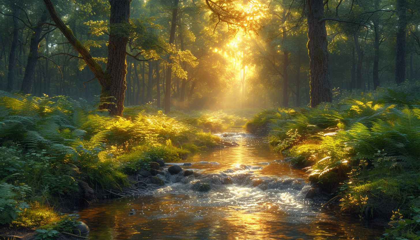 Explore a serene forest glade at dawn, with sunlight filtering through ancient trees, casting a gentle glow on dew-kissed ferns and a babbling brook.