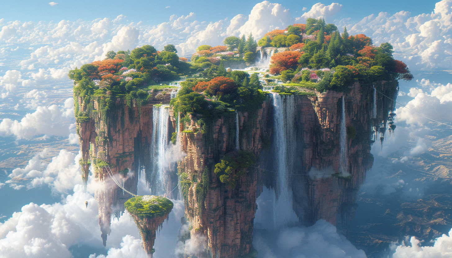 Mystical floating islands in the sky, connected by rope bridges, with waterfalls cascading into the clouds and exotic flora.