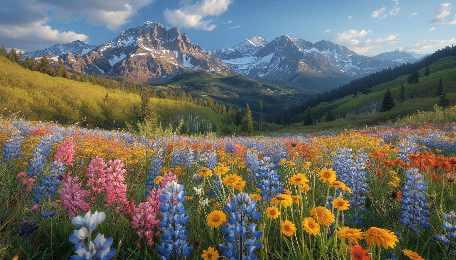 A pristine alpine meadow at sunrise, surrounded by snow-capped peaks, where wildflowers bloom in a sea of color.