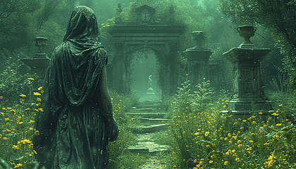 Discover a secret garden hidden within an overgrown maze, filled with hidden treasures, enchanting statues, and a sense of mystery.