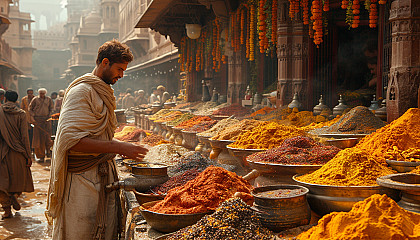 Transport yourself to a vibrant Indian bazaar, with bustling stalls, aromatic spices, and the kaleidoscope of colors of a bustling marketplace.