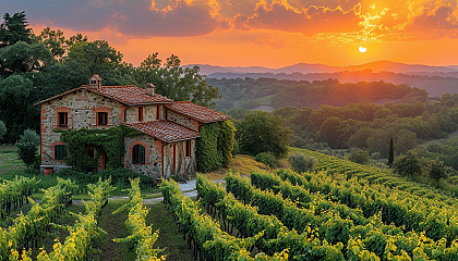 Lush vineyard landscape in Tuscany, rolling hills, rows of grapevines, a rustic stone farmhouse, and a setting sun.