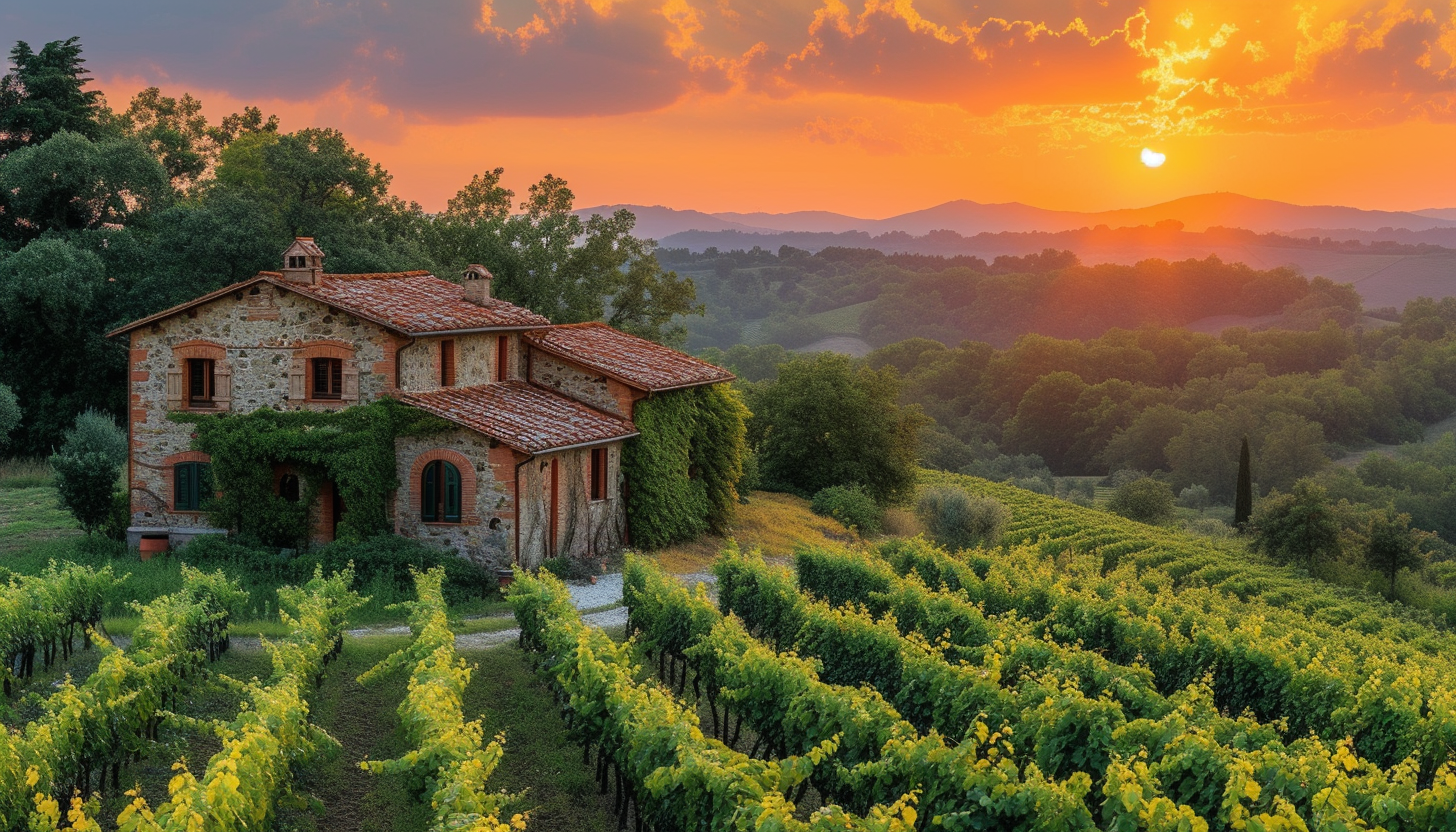 Lush vineyard landscape in Tuscany, rolling hills, rows of grapevines, a rustic stone farmhouse, and a setting sun.