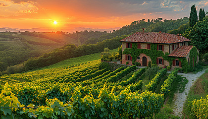 Lush vineyard landscape in Tuscany, rolling hills, rows of grapevines, a rustic stone farmhouse, and a setting sun.