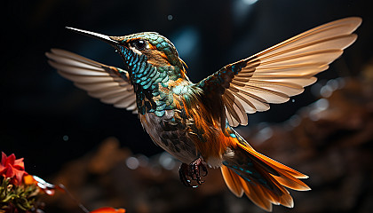 A detailed view of a hummingbird in flight, its wings blurred by speed.