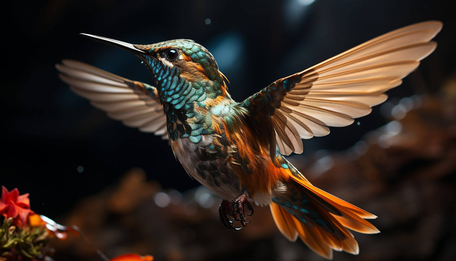 A detailed view of a hummingbird in flight, its wings blurred by speed.
