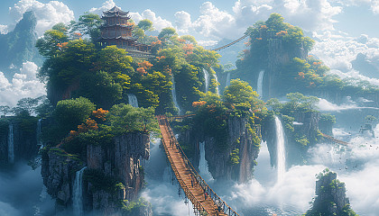 Mystical floating islands in the sky, connected by rope bridges, with waterfalls cascading into the clouds and exotic flora.