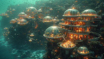 A futuristic underwater city, complete with glass domes, marine life, and advanced architecture beneath the ocean's surface.