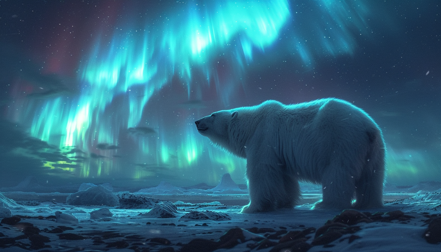 Visualize an Arctic landscape with snow-covered mountains, polar bears, and the mesmerizing dance of the Northern Lights in the night sky.