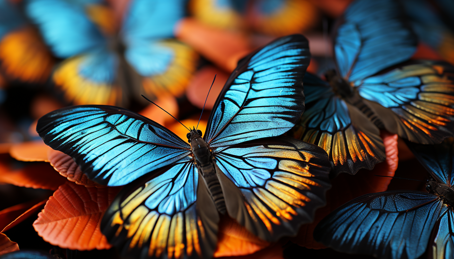 Close-up of vibrant butterfly wings showing intricate patterns and hues.