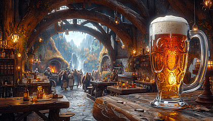 A medieval fantasy tavern with wooden beams, roaring hearths, and adventurers sharing tales of their quests over tankards of ale.