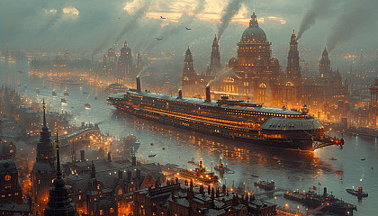 Construct a grand steampunk metropolis with towering clockwork skyscrapers, bustling airship ports, and a sense of Victorian-era wonder.