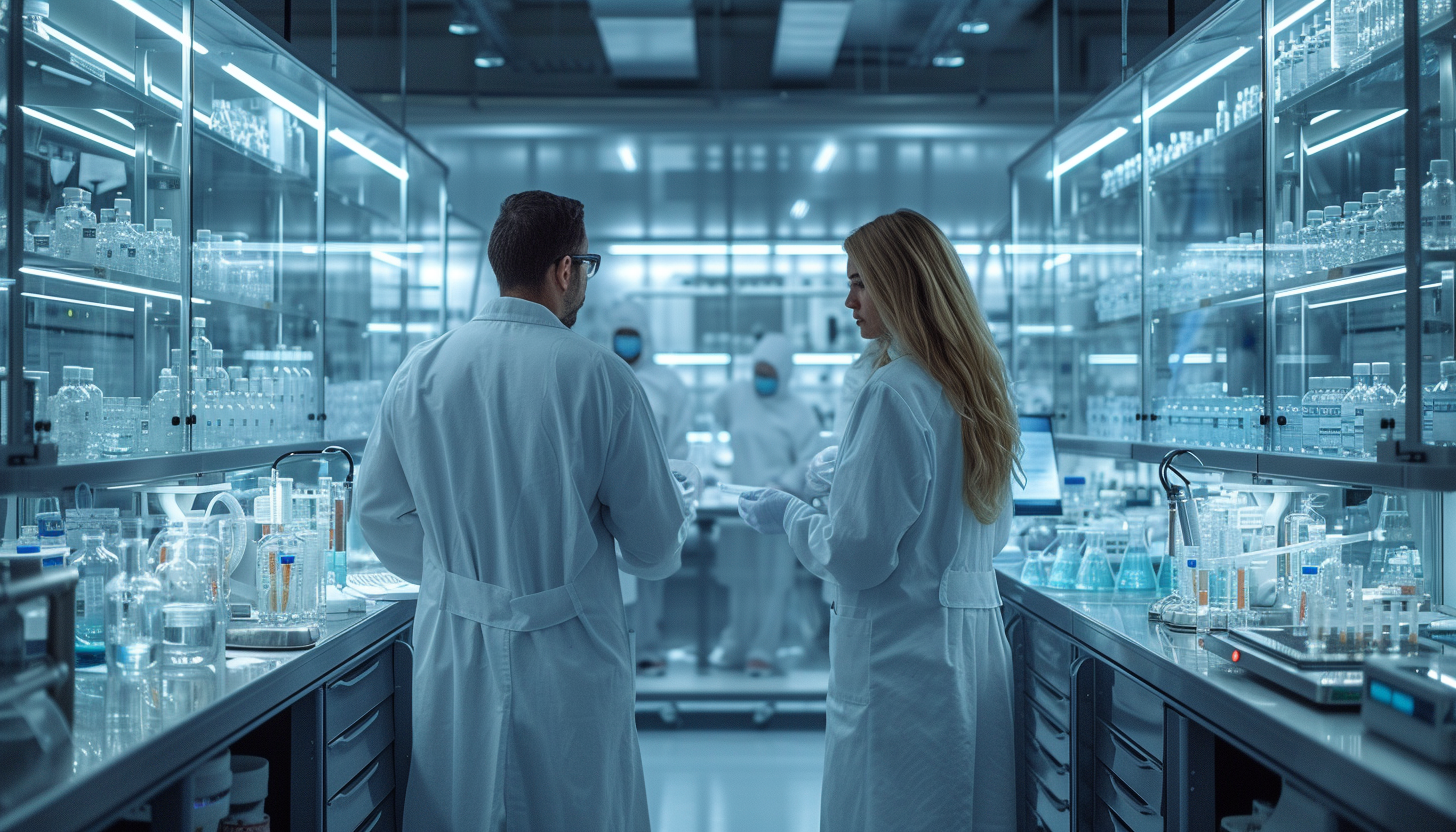 Witness a cutting-edge bioengineering lab, with scientists in lab coats conducting experiments on futuristic biotech creations, pushing the boundaries of science.