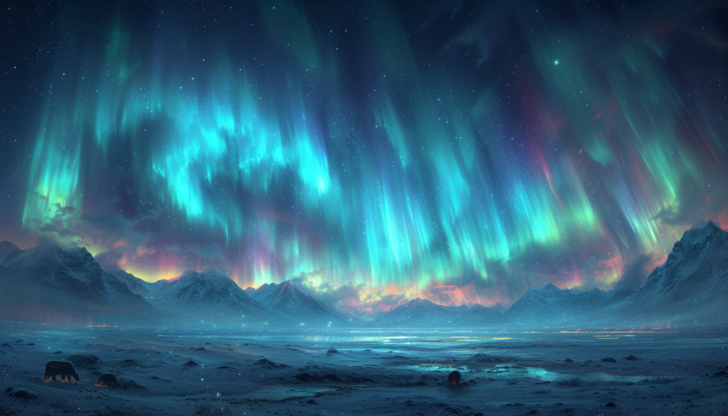 Visualize an Arctic landscape with snow-covered mountains, polar bears, and the mesmerizing dance of the Northern Lights in the night sky.