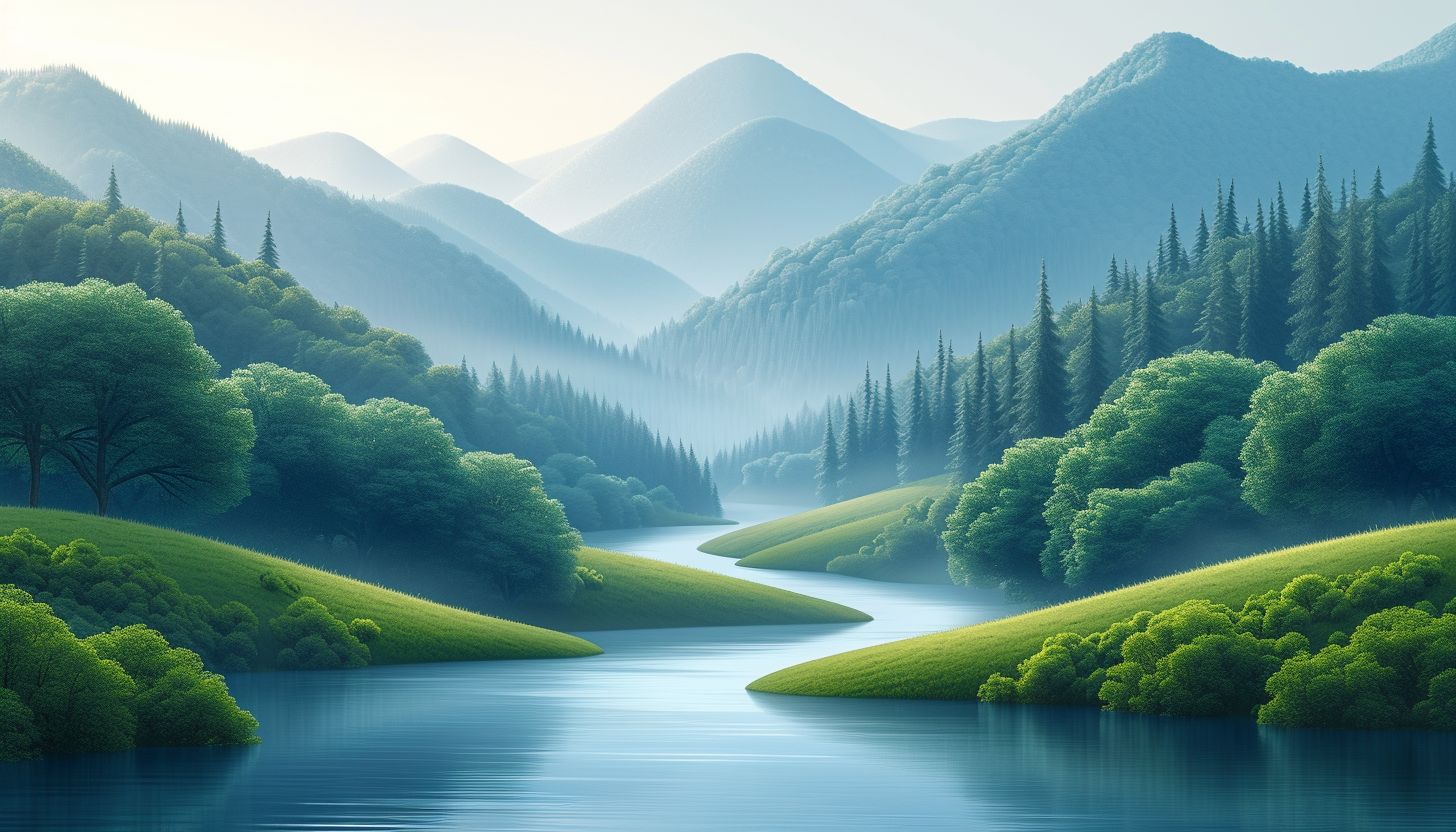 A serene app icon featuring a lush green landscape with rolling hills and a calm river, encapsulating the essence of tranquility.