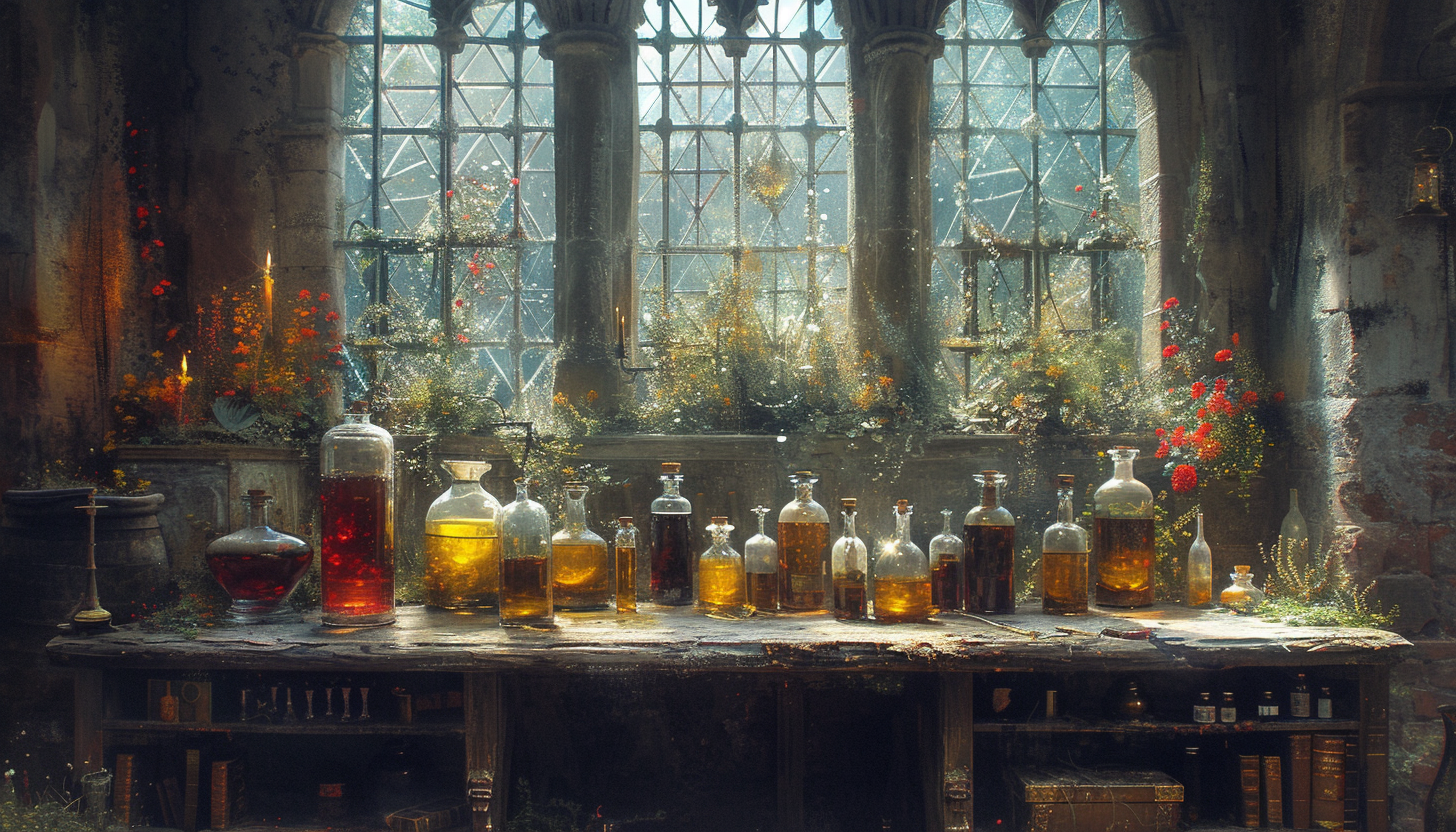 Step into a medieval alchemist's laboratory, with bubbling potions, arcane symbols, and the promise of mystical discoveries.