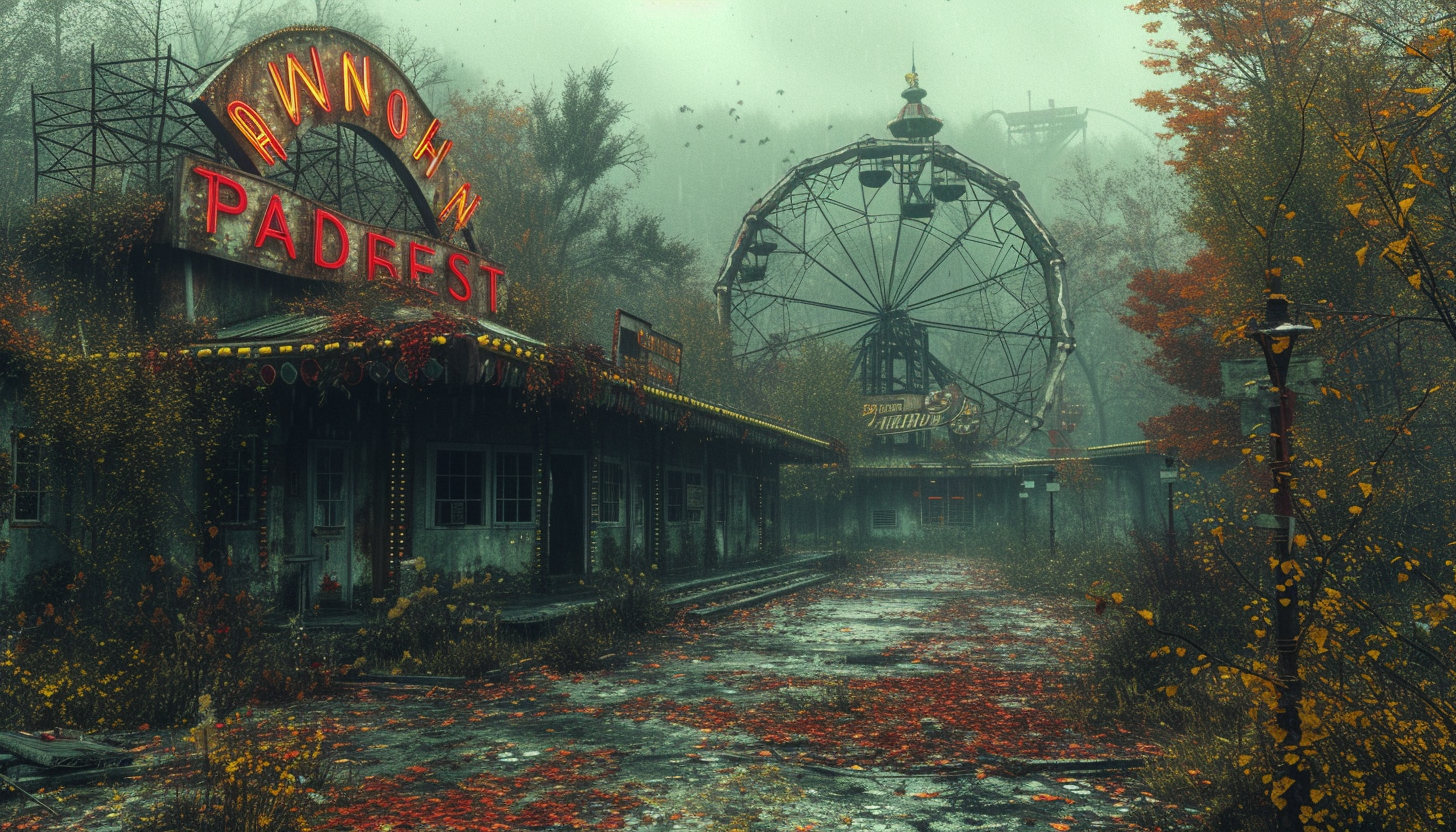 Uncover the mysteries of an abandoned, overgrown amusement park, with rusting rides, faded signs, and a haunting atmosphere of nostalgia.