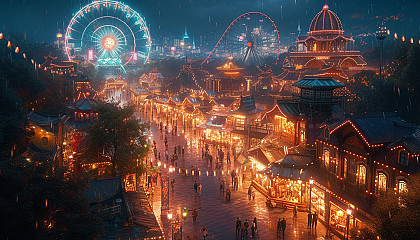 Vibrant carnival scene with festive lights, colorful booths, a Ferris wheel, and people in costume enjoying the festivities.