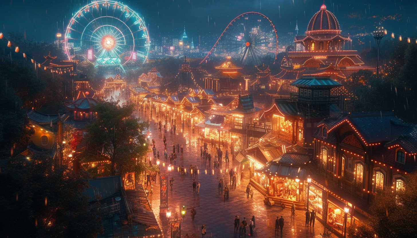 Vibrant carnival scene with festive lights, colorful booths, a Ferris wheel, and people in costume enjoying the festivities.