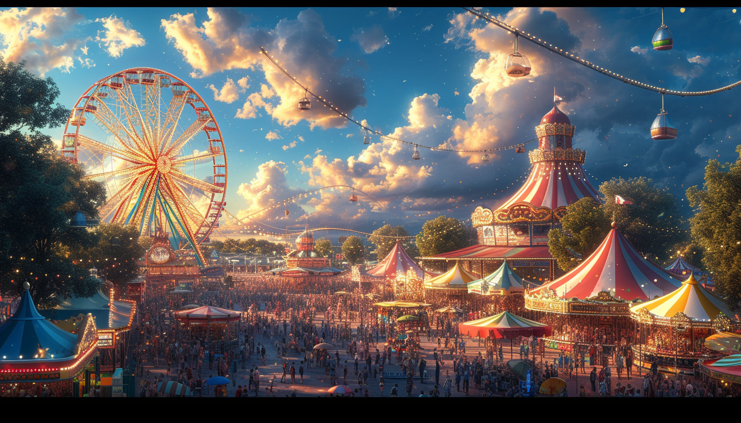 Vibrant carnival scene with a Ferris wheel, colorful tents, performers in elaborate costumes, and a crowd enjoying various games.